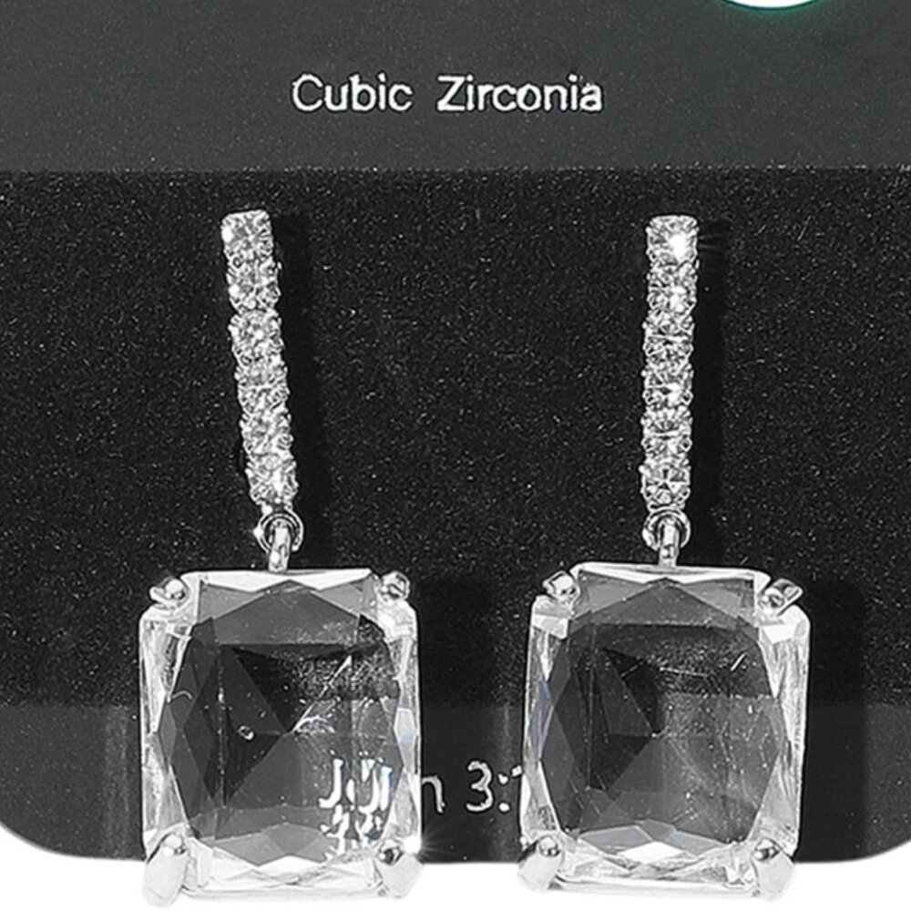 Rectangle CZ Stone Dangle Evening Earrings SILVER